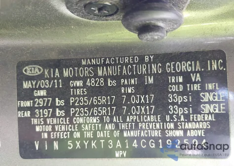 2012 Kia Sorento Lx из США, поврежденный, VIN 5XYKT3A14CG192594